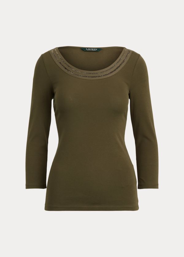 Tops Ralph Lauren Mujer Verde Oscuro Oliva - Cotton Elbow-Sleeve - RCGKY2807